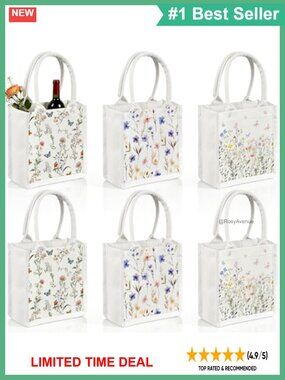 Chinoiserie Floral Burlap Jute Tote Bags Set of 6 Wedding Bridal Shower Gift